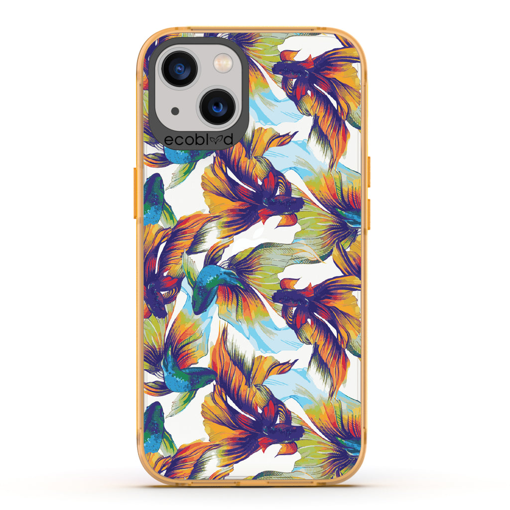 Betta Than The Rest - Yellow Eco-Friendly iPhone 13 Case With Colorful Betta Fish On A Clear Back
