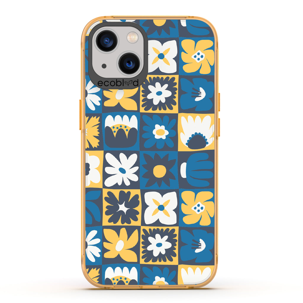 Paradise Blooms - Yellow Eco-Friendly iPhone 13 Case With Tropical Floral Checker Print On A Clear Back