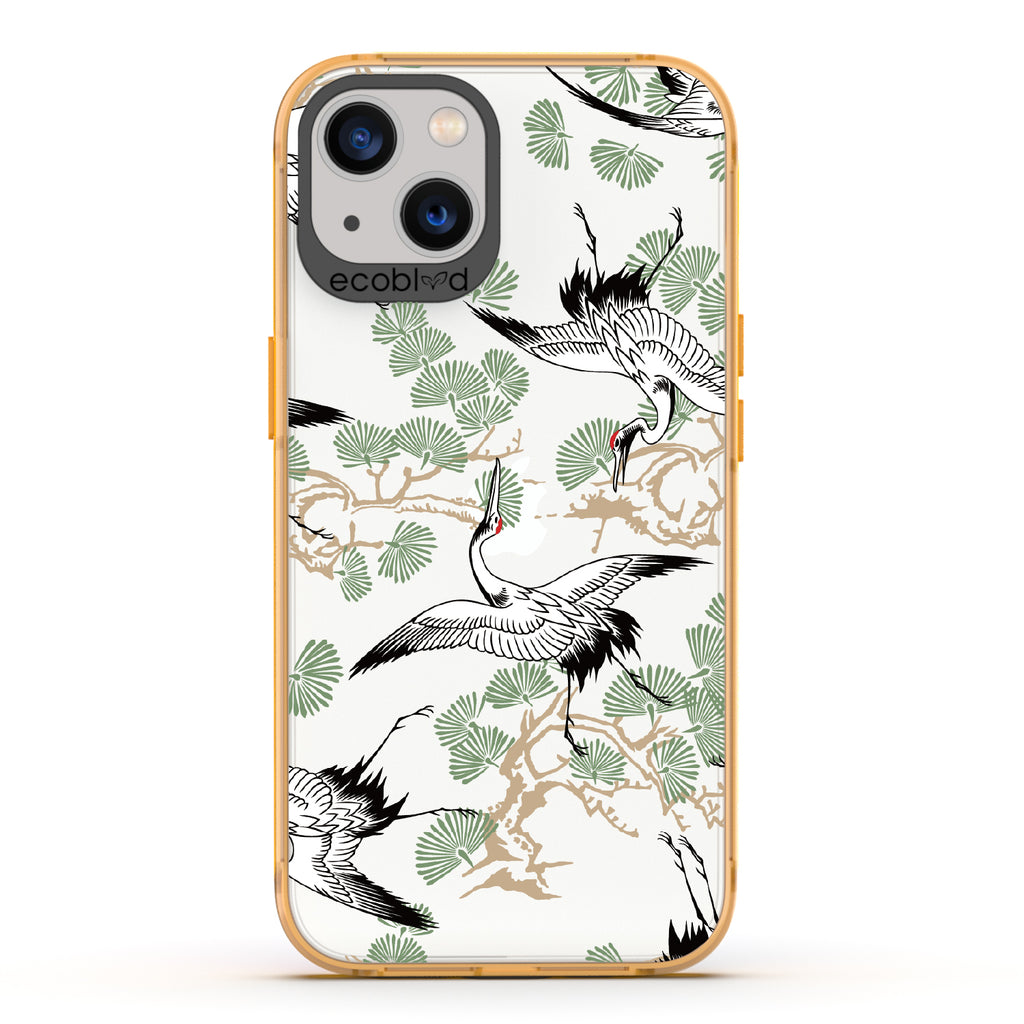 Graceful Crane - Yellow Eco-Friendly iPhone 13 Case With Japanese Cranes Atop Branches On A Clear Back