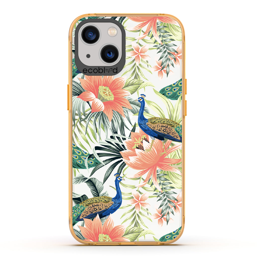Peacock Palace - Yellow Eco-Friendly iPhone 13 Case With Peacocks + Colorful Tropical Fauna On A Clear Back
