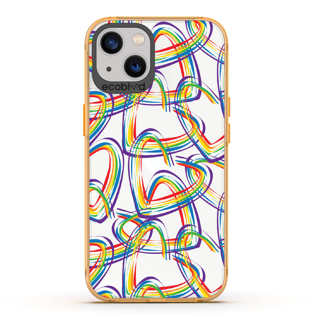 One Love - Yellow Eco-Friendly iPhone 13 Case With Brush Stroke Rainbow Hearts On A Clear Back