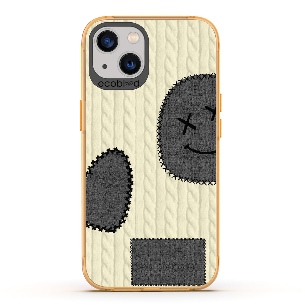All Patched Up - Cable Knit With Patches of Heart + Happy Face - Eco-Friendly Clear iPhone 13 Case With Yellow Rim
