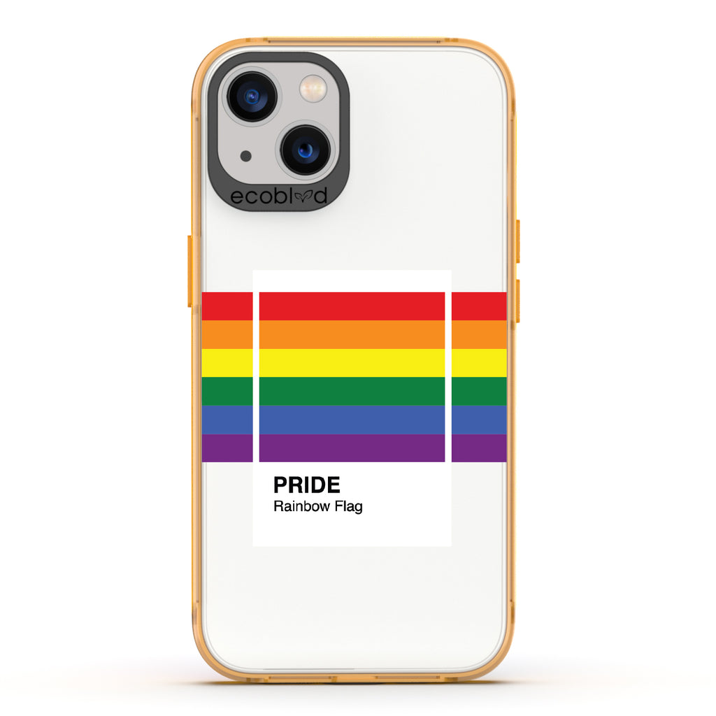 Colors Of Unity - Yellow Eco-Friendly iPhone 13 Case With Pride Rainbow Flag As Pantone Swatch On A Clear Back