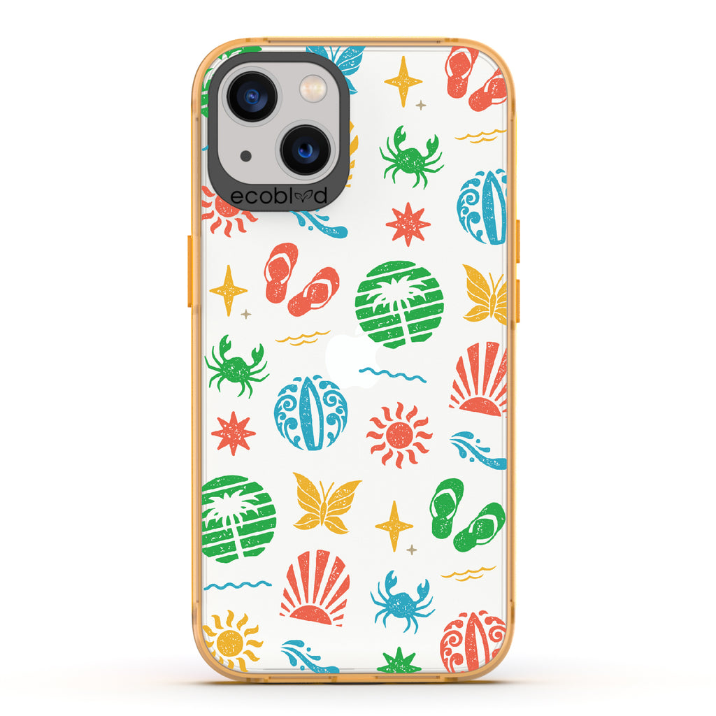 Island Time - Yellow Eco-Friendly iPhone 13 Case With Surfboard Art Of Crabs, Sandals, Waves & More On A Clear Back
