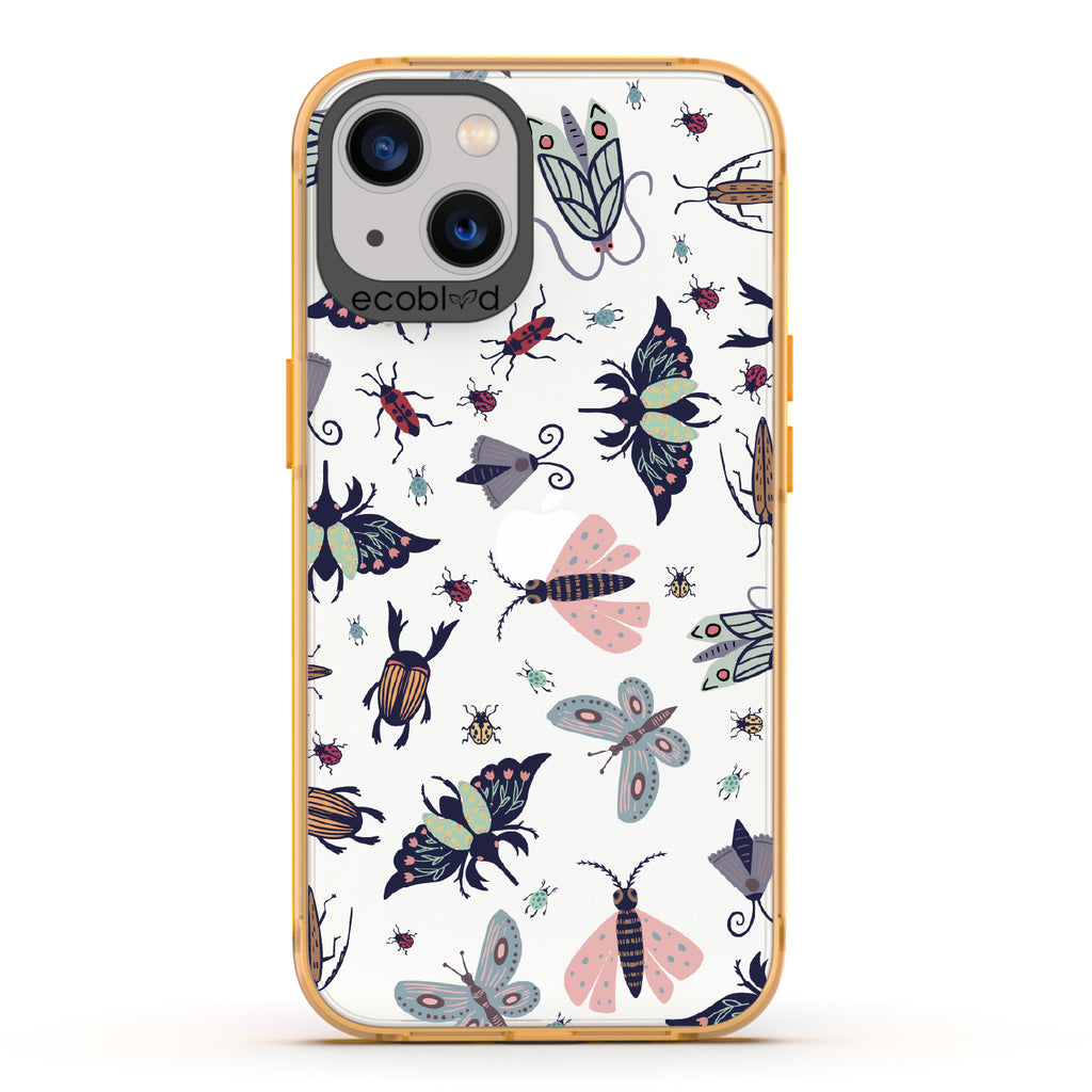 Bug Out - Yellow Eco-Friendly iPhone 13 Case With Butterflies, Moths, Dragonflies, And Beetles On A Clear Back