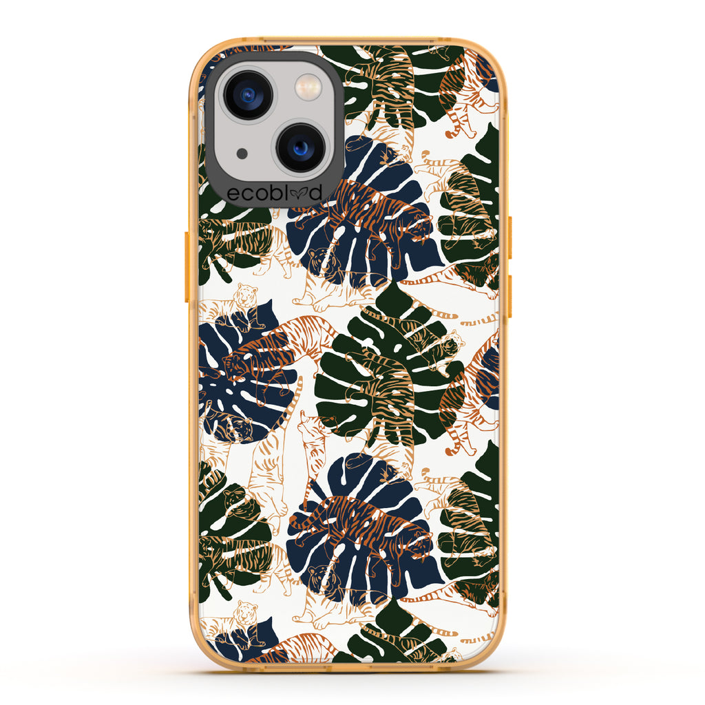 Tropic Roar - Yellow Eco-Friendly iPhone 13 Case With Jungle Leaves & Orange / Yellow Tiger Outlines On A Clear Back