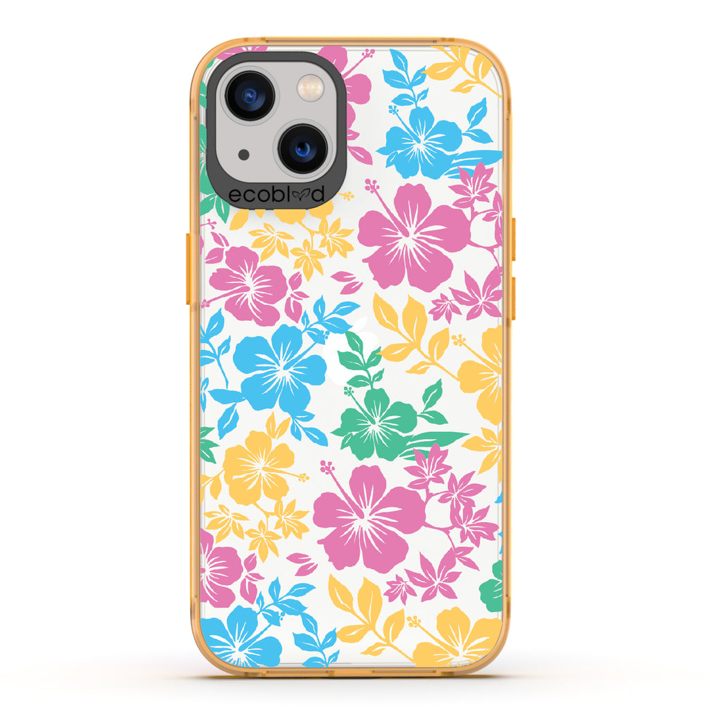 Lei'd Back - Yellow Eco-Friendly iPhone 13 Case With Colorful Hawaiian Hibiscus Floral Print On A Clear Back
