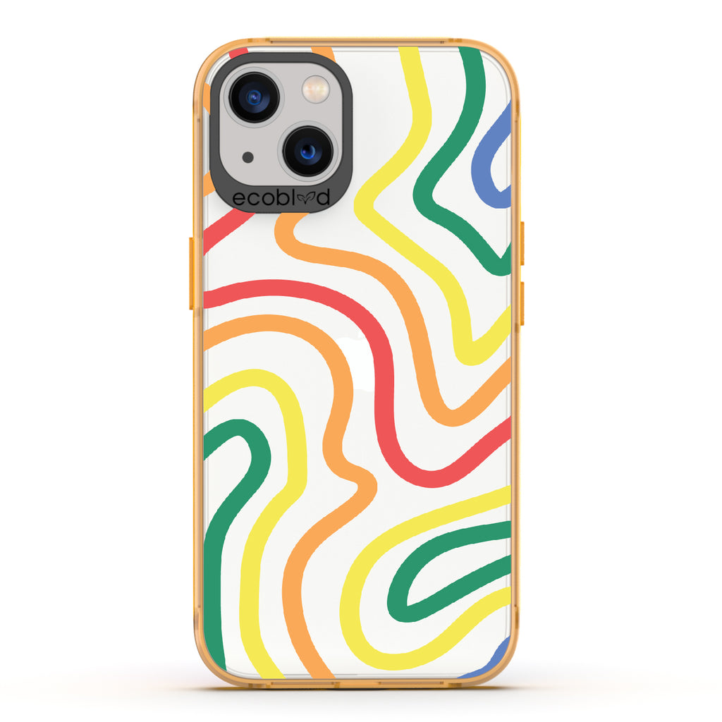 True Colors - Yellow Eco-Friendly iPhone 13 Case With Abstract Lines In Different Colors Of The Rainbow On A Clear Back