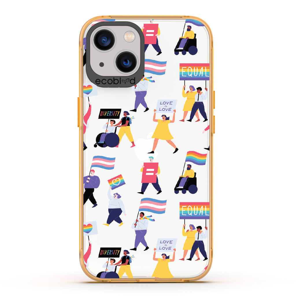 All Together Now - Yellow Eco-Friendly iPhone 13 Case With Pride March For People Of All Identities On A Clear Back