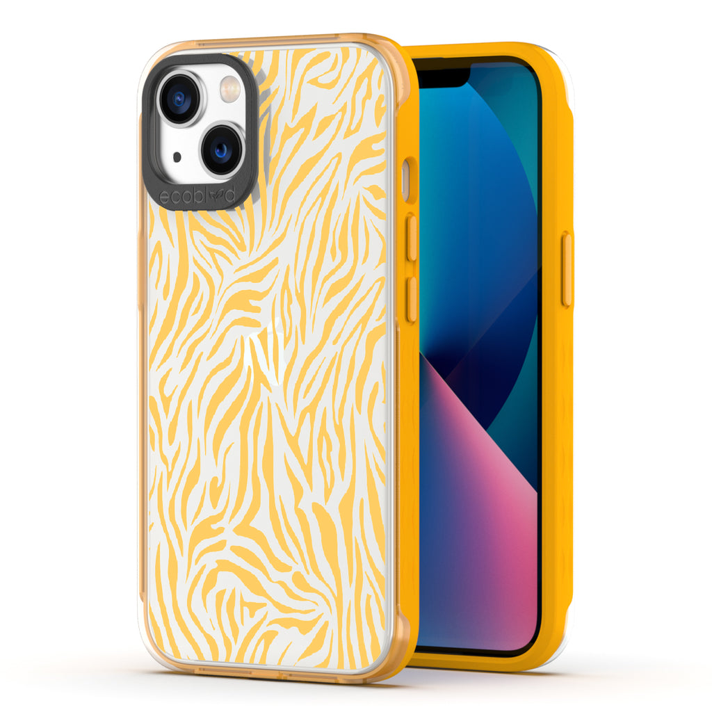 Zebra Print - Back View Of Yellow & Clear Eco-Friendly iPhone 13 Case & A Front View Of The Screen