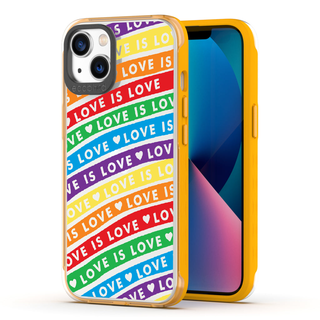 Love Unites All - Back View Of Yellow & Clear Eco-Friendly iPhone 13 Case & A Front View Of The Screen
