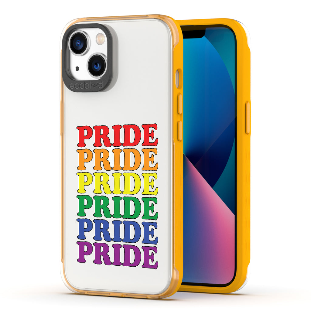 Pride Camp - Back View Of Yellow & Clear Eco-Friendly iPhone 13 Case & A Front View Of The Screen