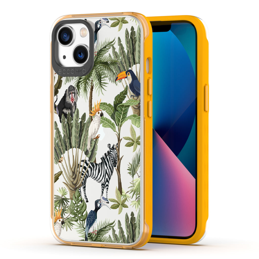 Toucan Play That Game - Back View Of Yellow & Clear Eco-Friendly iPhone 13 Case & A Front View Of The Screen