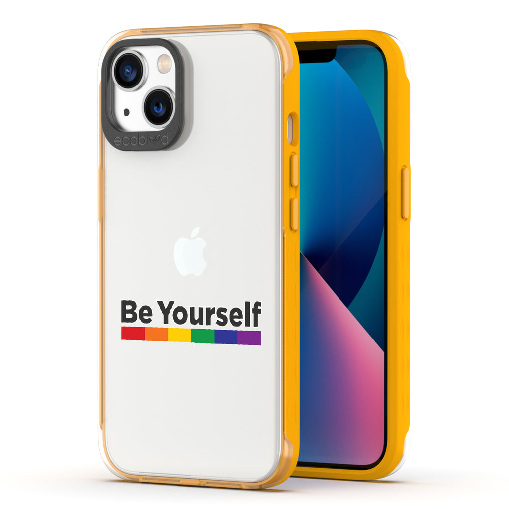 Be Yourself - Back View Of Yellow & Clear Eco-Friendly iPhone 13 Case & A Front View Of The Screen
