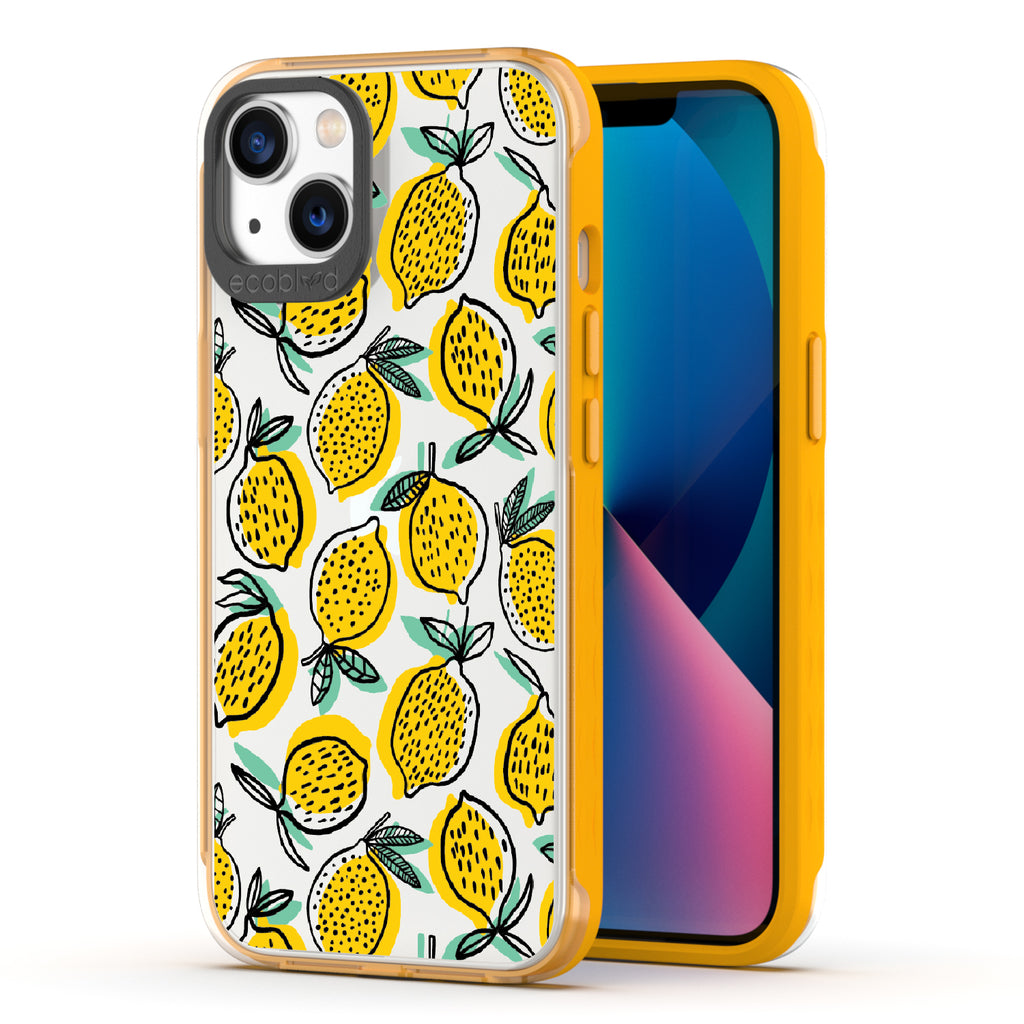 Lemon Drop - Back View Of Yellow & Clear Eco-Friendly iPhone 13 Case & A Front View Of The Screen