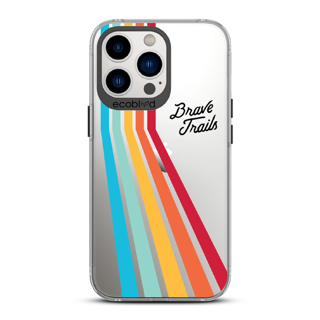 Trailblazer X Brave Trails - Black Eco-Friendly iPhone 13 Pro Case with Trails  In A Vibrant Spectrum Of Rainbow Colors On A Clear Back