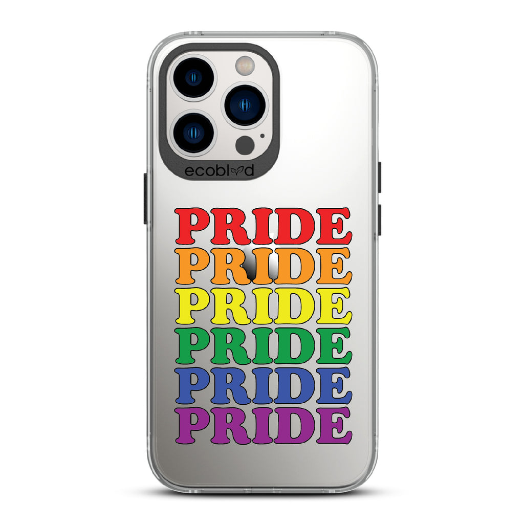 Pride Camp - Black Eco-Friendly iPhone 12/13 Pro Max Case With Pride Stacked In Multiple Rainbow Colors On A Clear Back