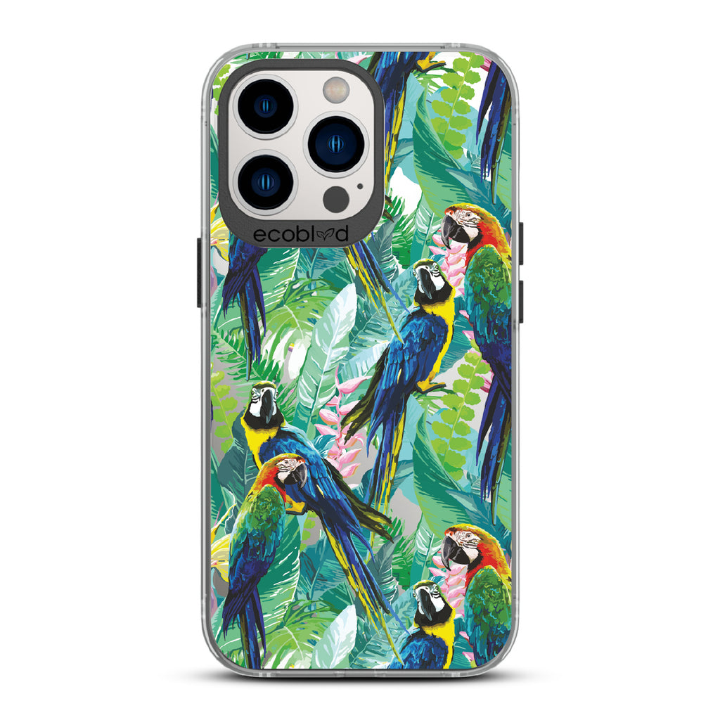 Macaw Medley - Black Eco-Friendly iPhone 12/13 Pro Max Case With Macaws & Tropical Leaves On A Clear Back