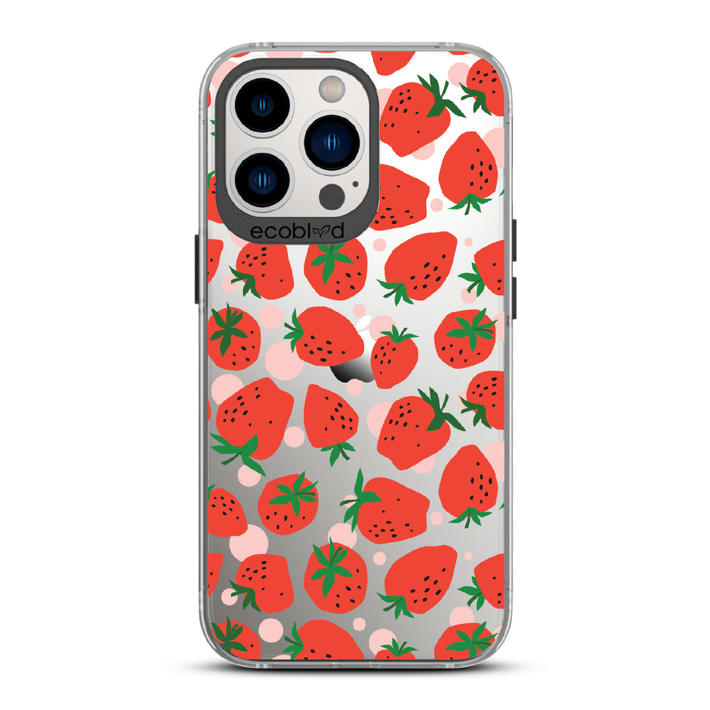 Strawberry Fields - Black Eco-Friendly iPhone 12/13 Pro Max Case With Strawberries On A Clear Back