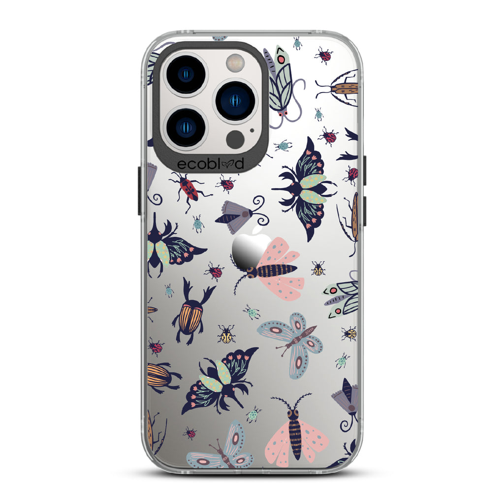 Bug Out - Black Eco-Friendly iPhone 12/13 Pro Max Case With Butterflies, Moths, Dragonflies, And Beetles On A Clear Back