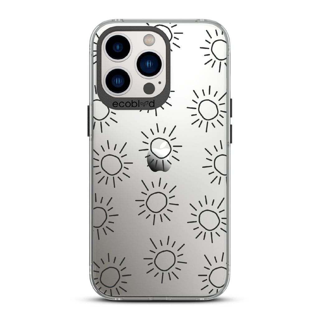 Sun - Black Eco-Friendly iPhone 13 Pro Case With Various Scribbled Suns On A Clear Back