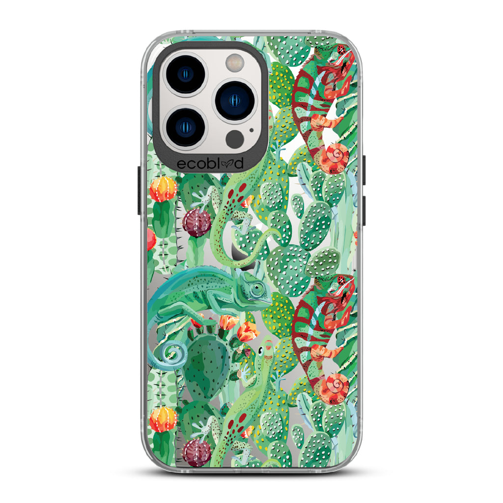 In Plain Sight - Black Eco-Friendly iPhone 13 Pro Case With Chameleons On Cacti On A Clear Back
