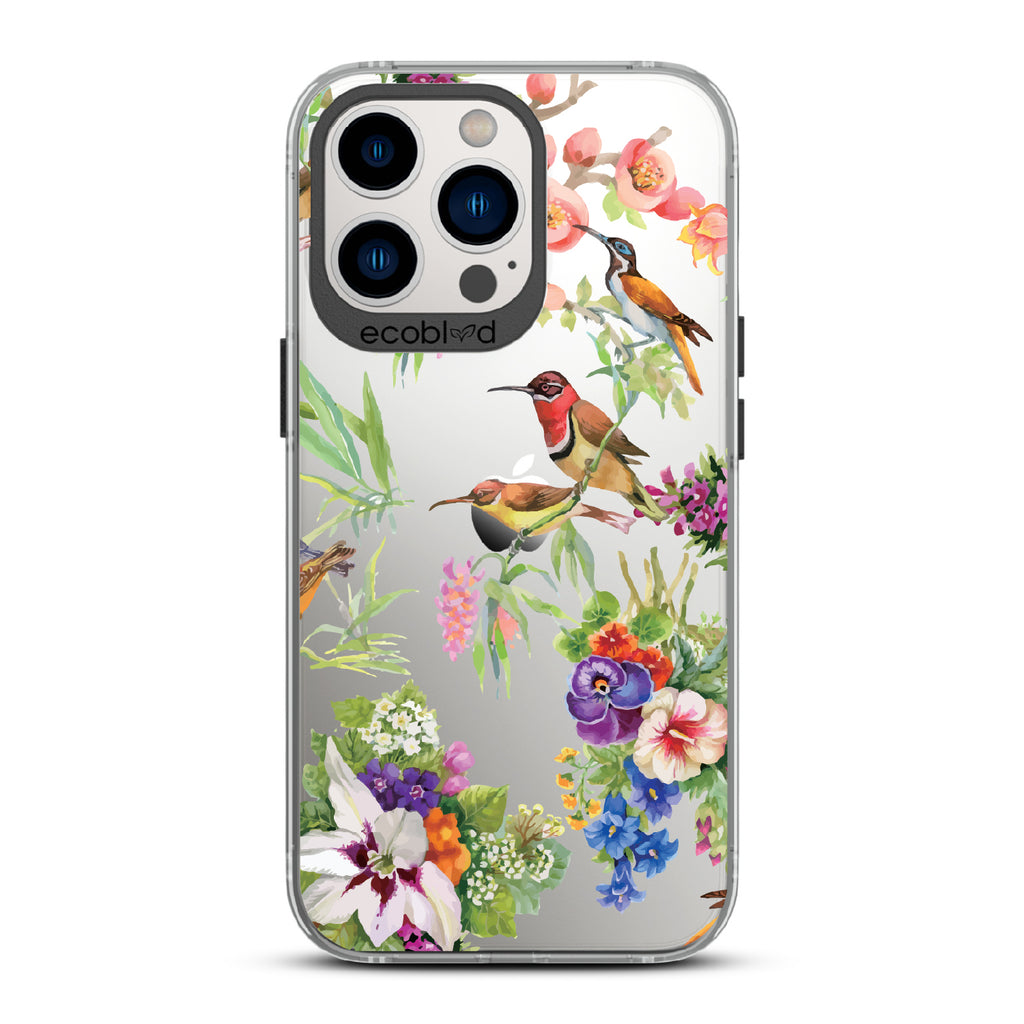Sweet Nectar - Black Eco-Friendly iPhone 13 Pro Case With Humming Birds, Colorful Garden Flowers On A Clear Back