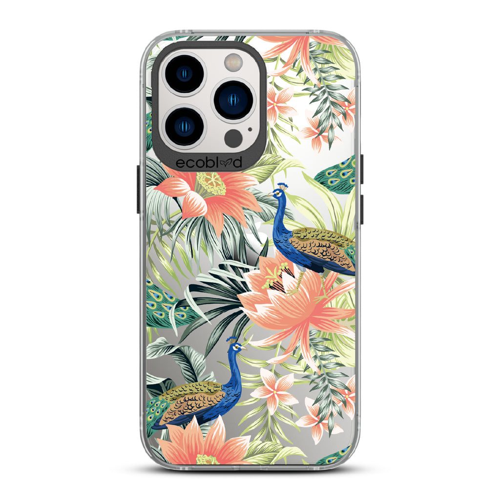 Peacock Palace - Black Eco-Friendly iPhone 13 Pro Case With Peacocks + Colorful Tropical Fauna On A Clear Back