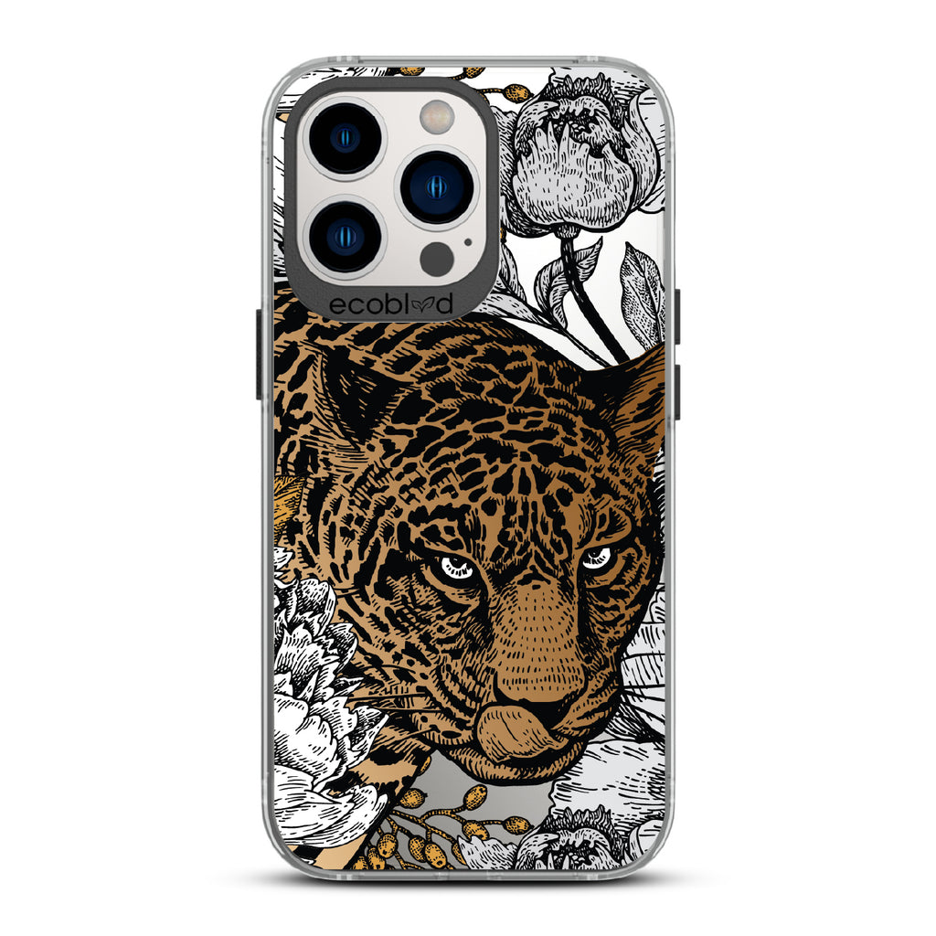 Purrfectly Striking - Black Eco-Friendly iPhone 12/13 Pro Max Case With Leopard, Black/Grey Flowers On A Clear Back