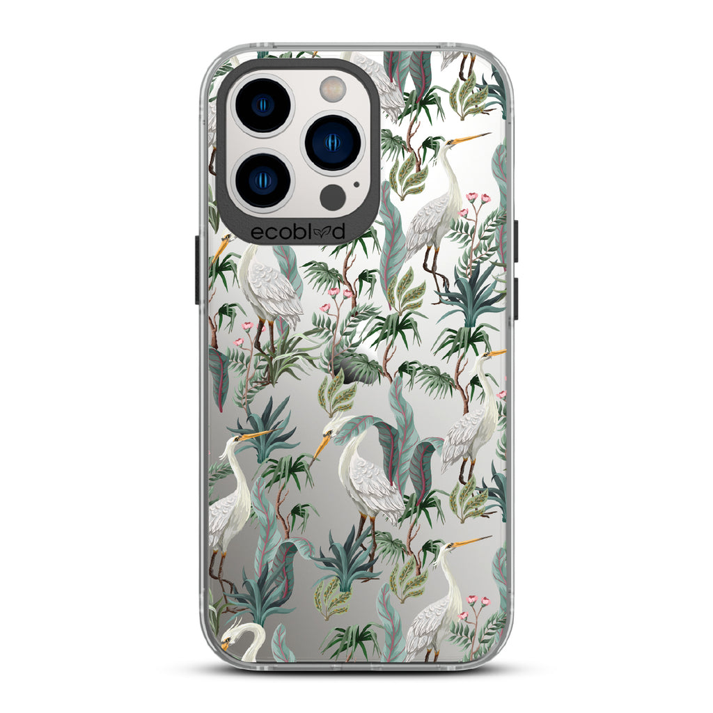 Flock Together - Black Eco-Friendly iPhone 12/13 Pro Max Case With Herons & Peonies On A Clear Back