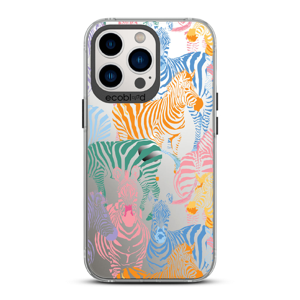 Colorful Herd - Black Eco-Friendly iPhone 12/13 Pro Max Case With Zebras in Multiple Colors On A Clear Back