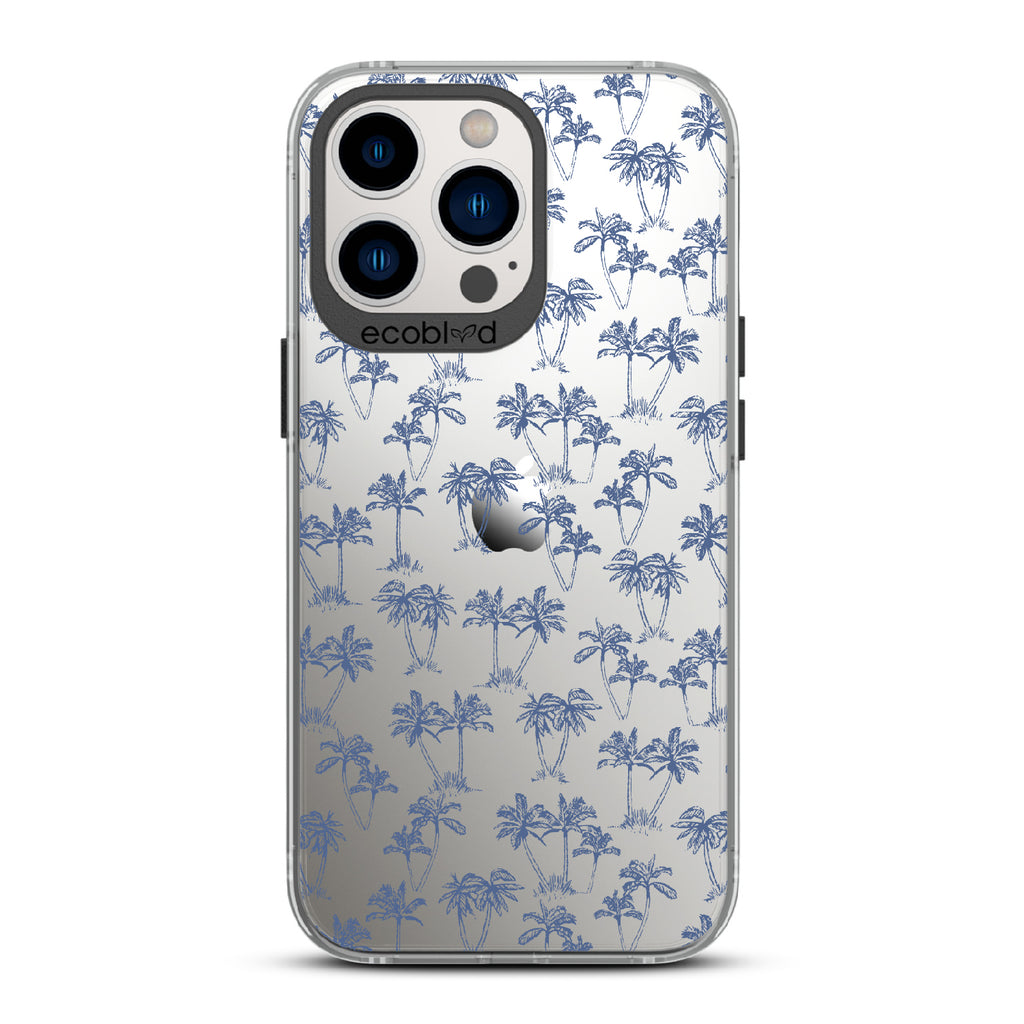 Endless Summer - Black Eco-Friendly iPhone 12/13 Pro Max Case With 50's-Style Blue Palm Trees Print On A Clear Back