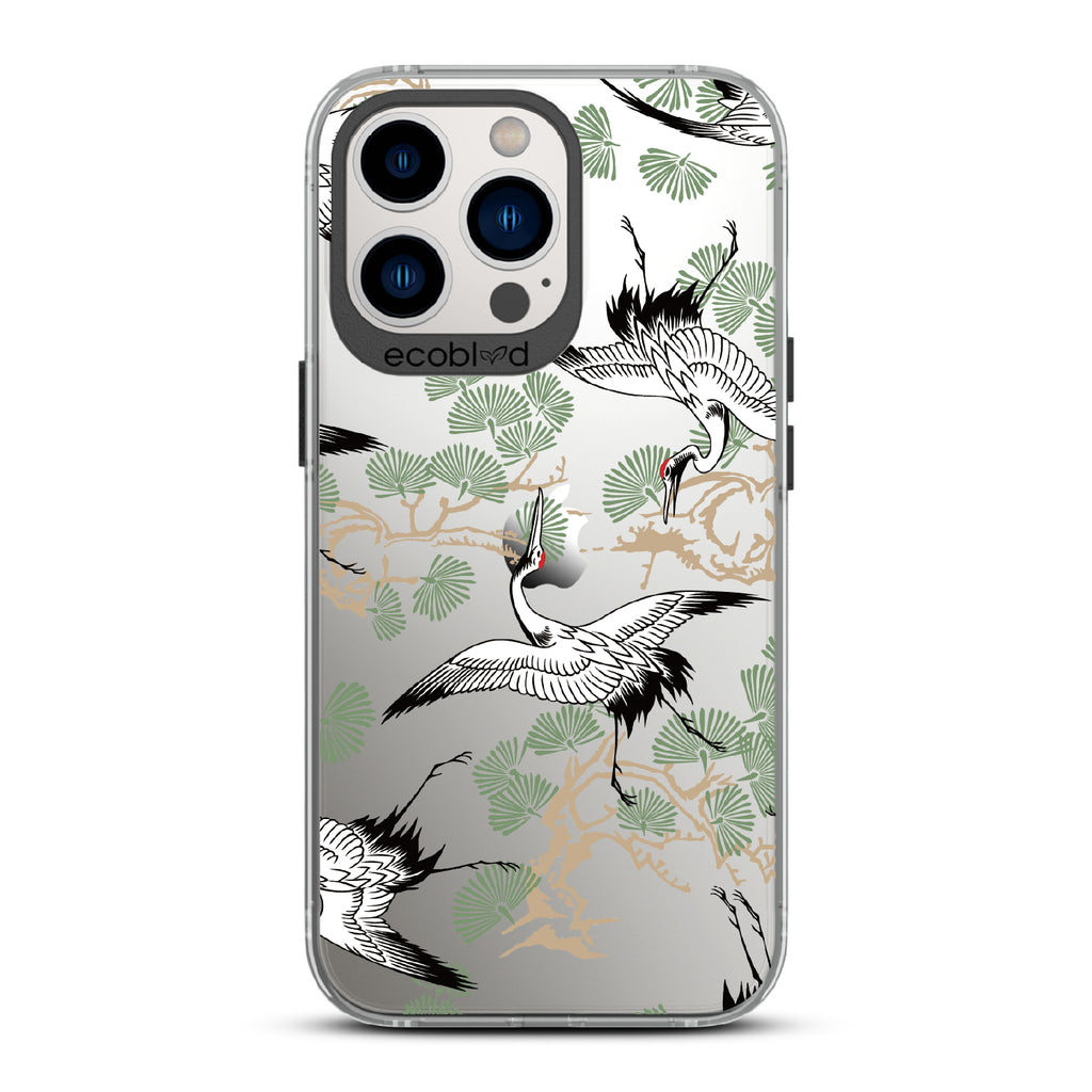 Graceful Crane - Black Eco-Friendly iPhone 12/13 Pro Max Case With Japanese Cranes Atop Branches On A Clear Back