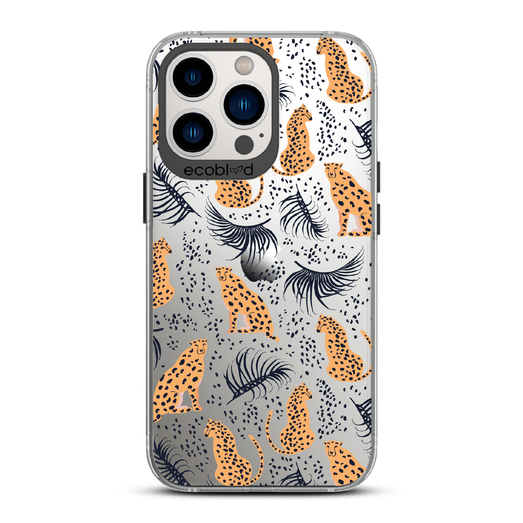Feline Fierce - Black Eco-Friendly iPhone 13 Pro Case With Minimalist Cheetahs With Spots and Reeds On A Clear Back