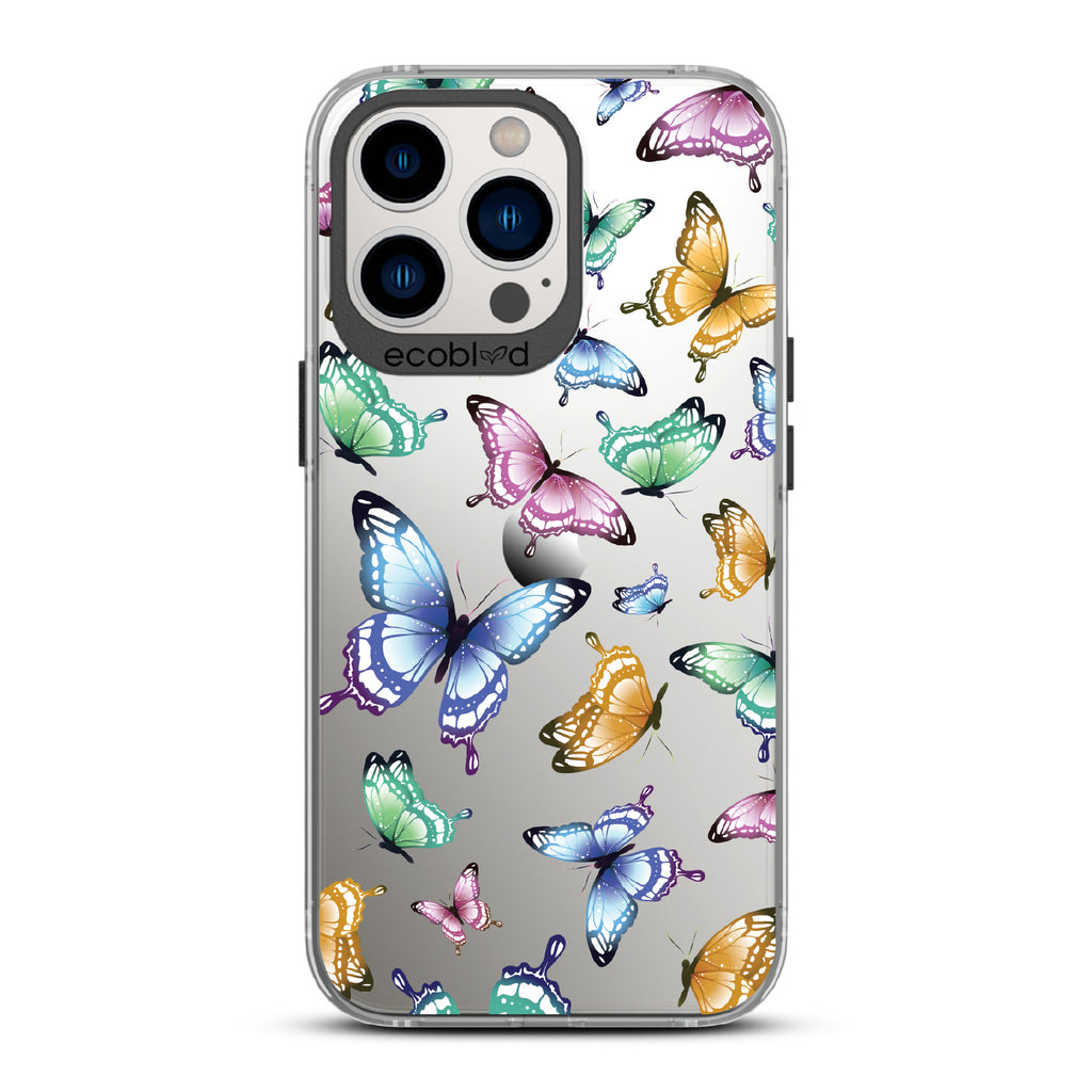Social Butterfly - Black Eco-Friendly iPhone 13 Pro Case With Colorful Butterflies On A Clear Back - Compostable