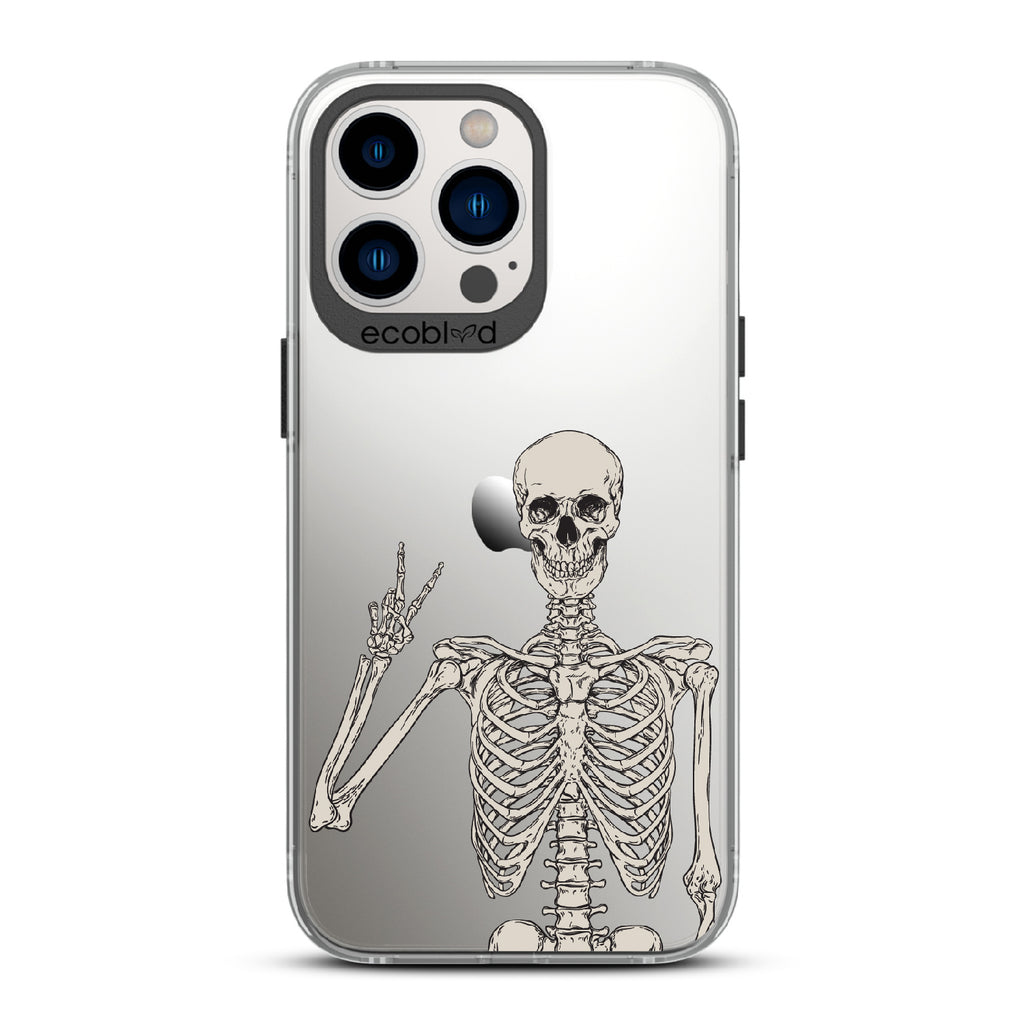 Creepin’ It Real - Black Eco-Friendly iPhone 12/13 Pro Max Case With Skeleton Giving A Peace Sign On A Clear Back