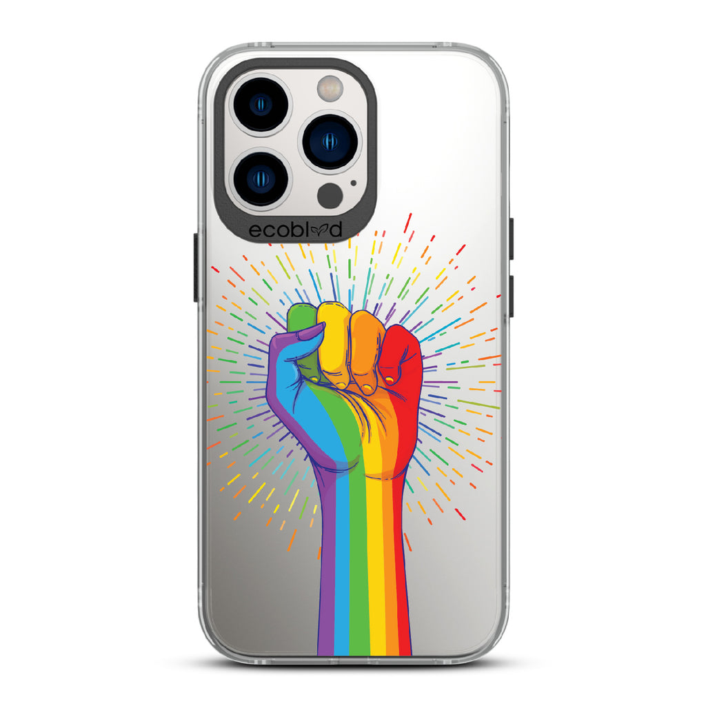 Rise With Pride - Black Eco-Friendly iPhone 12/13 Pro Max Case With Raised Fist In Rainbow Colors On A Clear Back