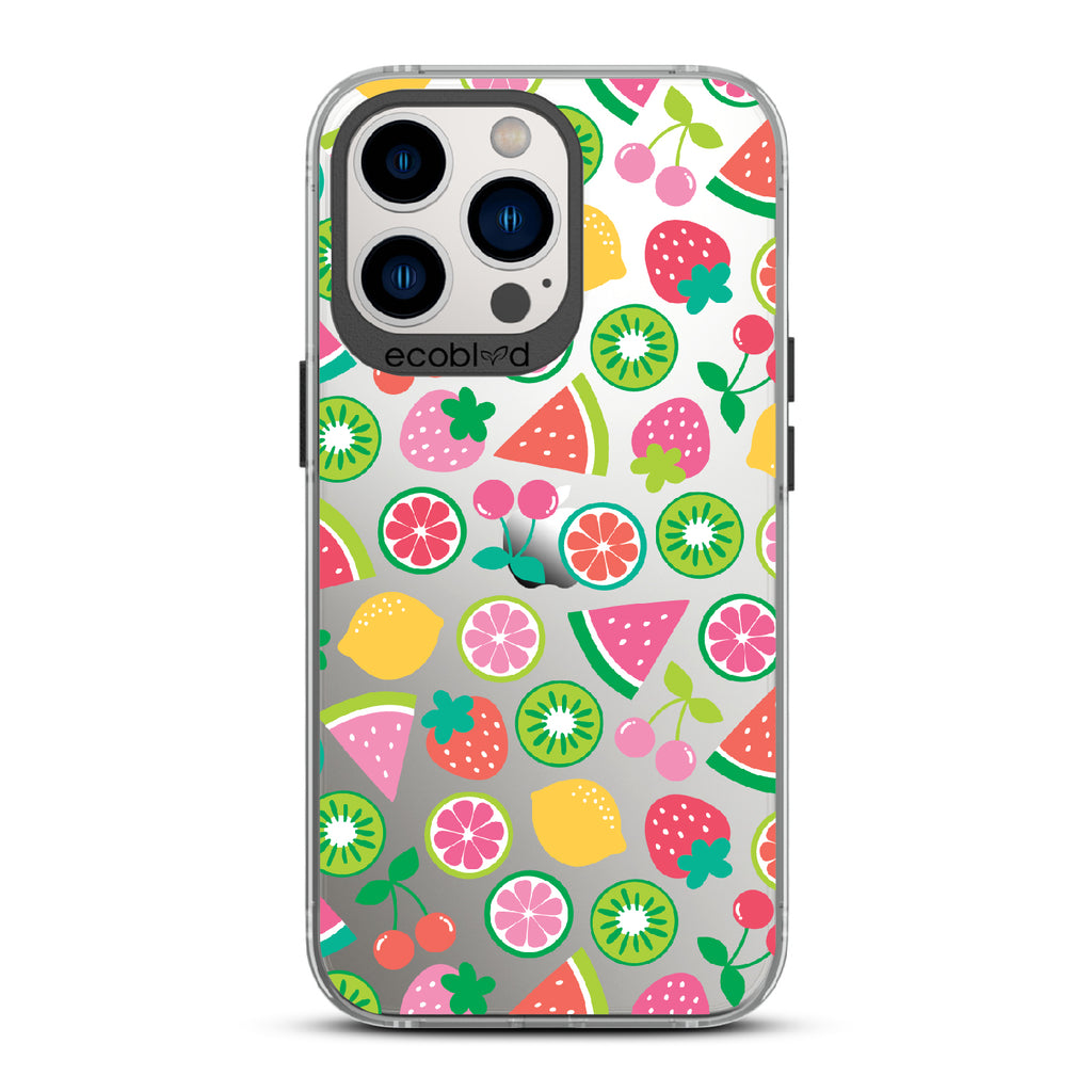 Juicy Fruit - Black Eco-Friendly iPhone 12/13 Pro Max Case With Various Colorful Summer Fruits On A Clear Back