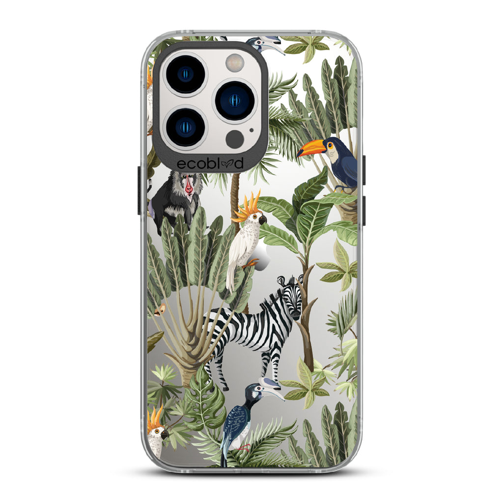 Toucan Play That Game - Black Eco-Friendly iPhone 12/13 Pro Max Case With Jungle Fauna, Toucan, Zebra & More On A Clear Back