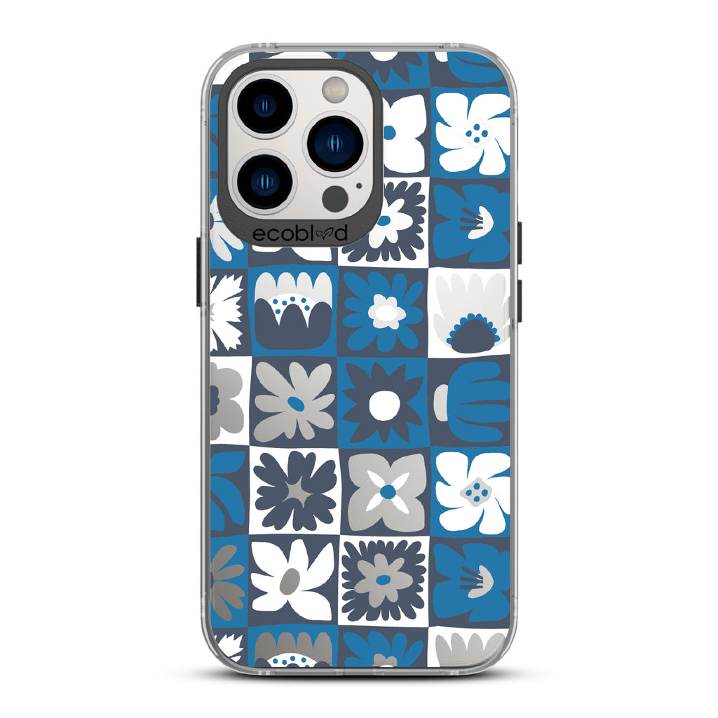 Paradise Blooms - Black Eco-Friendly iPhone 12/13 Pro Max Case With Tropical Floral Checker Print On A Clear Back