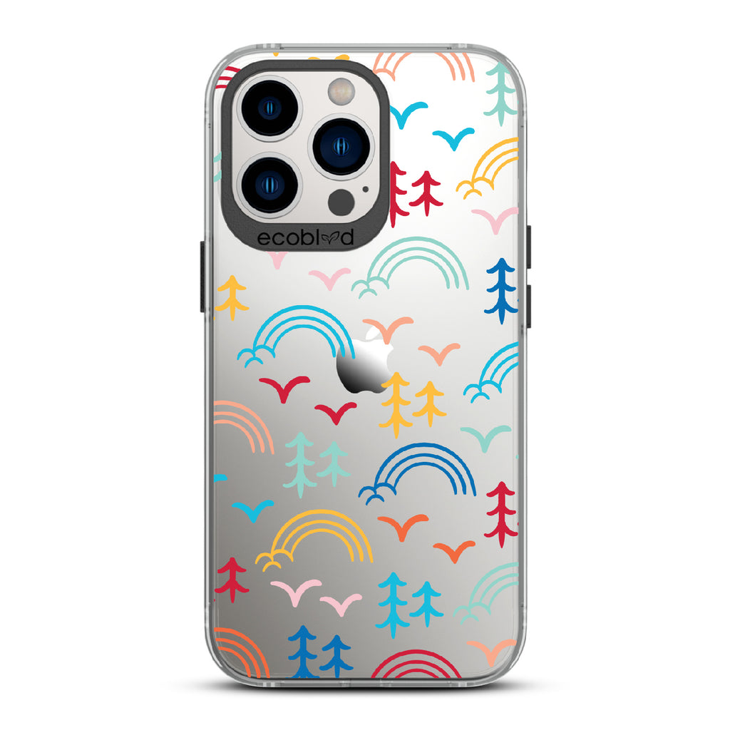 Happy Camper X Brave Trails - Black Eco-Friendly iPhone 12/13 Pro Max Case with Minimalist Trees, Birds, Rainbows On A Clear Back