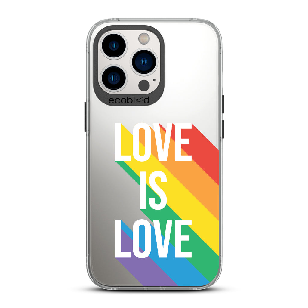 Spectrum Of Love - Black Eco-Friendly iPhone 12/13 Pro Max Case With Love Is Love + Rainbow Gradient Shadow On A Clear Back