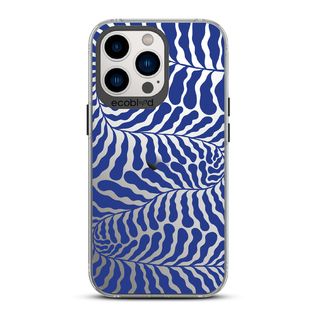 Blue Lagoon - Black Eco-Friendly iPhone 13 Pro Case With Abstract Tropical Blue Seaweed On A Clear Back