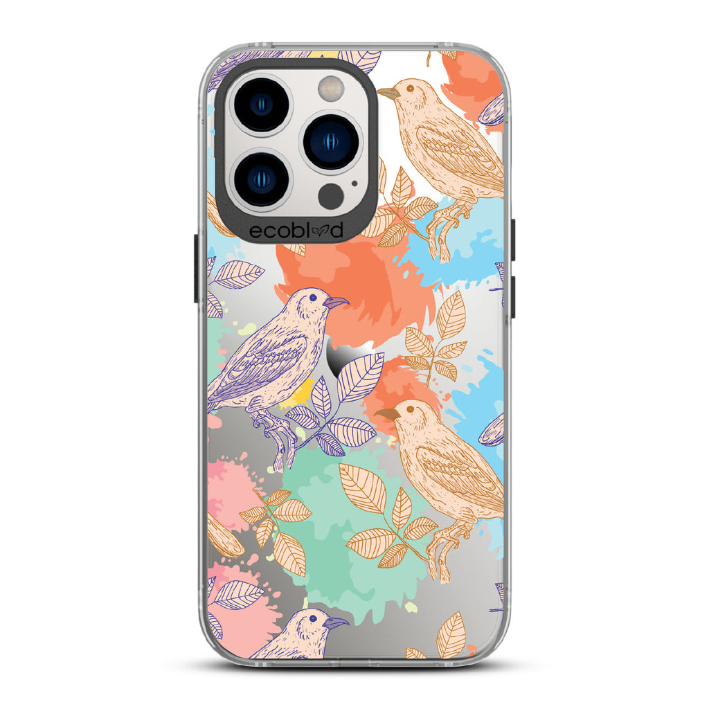 Perch Perfect - Black Eco-Friendly iPhone 13 Pro Case With Birds On Branches & Splashes Of Color On A Clear Back