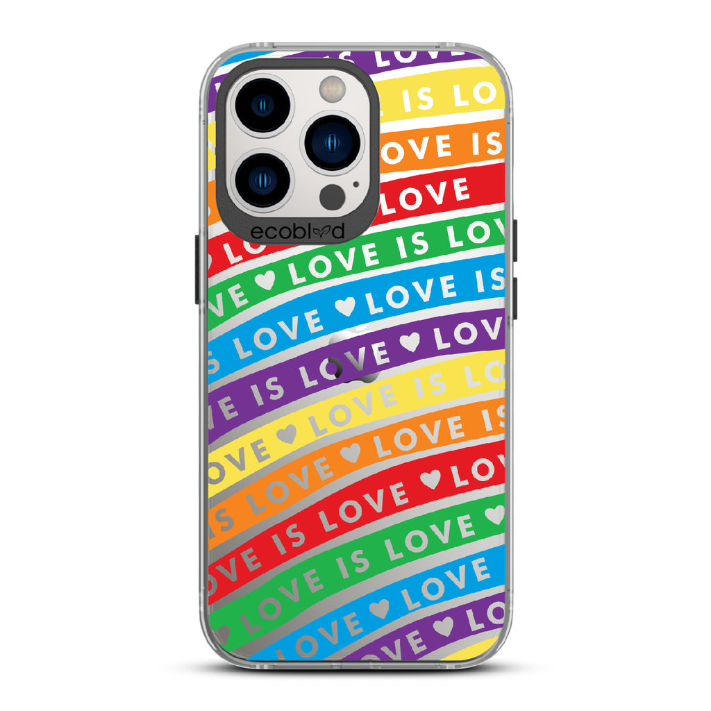 Love Unites All - Black Eco-Friendly iPhone 12/13 Pro Max Case With Love Is Love On Colored Lines Forming Rainbow On A Clear Back