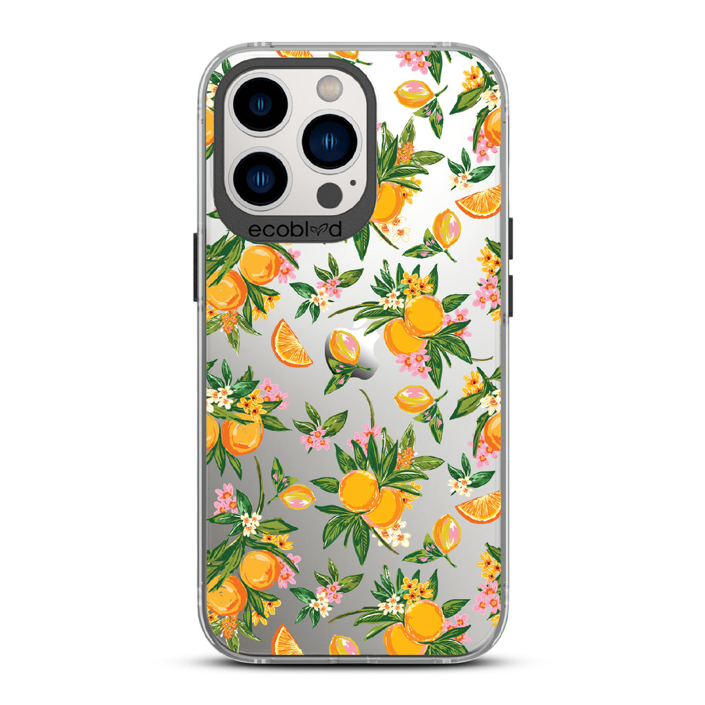 Orange Bliss - Black Eco-Friendly iPhone 12/13 Pro Max Case With Oranges, Orange Slices and Leaves On A Clear Back