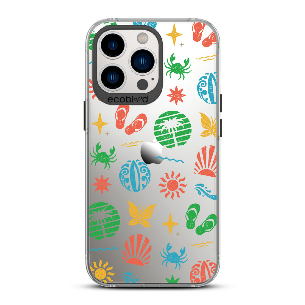 Island Time - Black Eco-Friendly iPhone 12/13 Pro Max Case With Surfboard Art Of Crabs, Sandals, Waves & More On A Clear Back