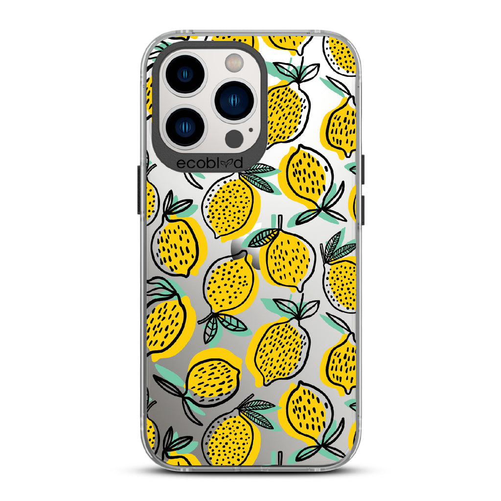 Lemon Drop - Black Eco-Friendly iPhone 13 Pro Case With Retro Lemon Print On A Clear Back