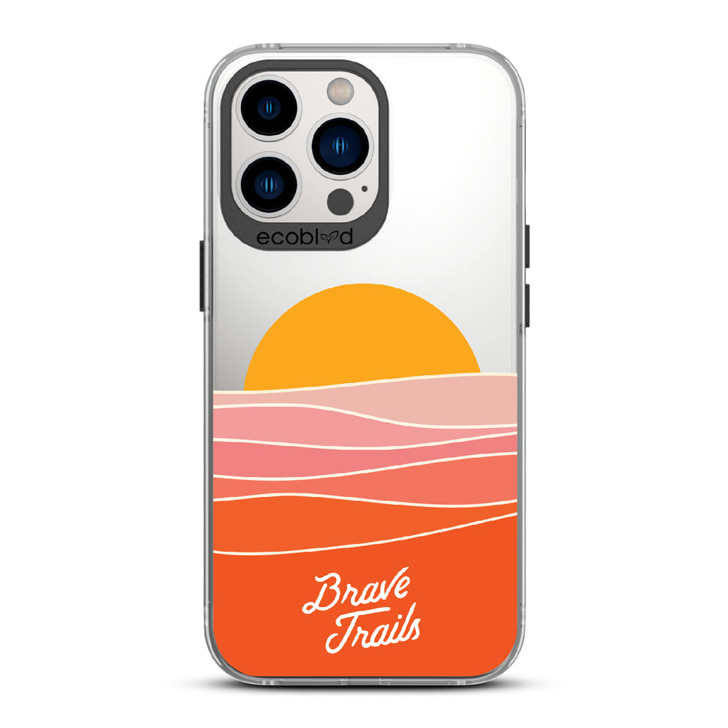 Enlightened X Brave Trails - Black Eco-Friendly iPhone 12/13 Pro Max Case with Sun Rising Over Minimalist Hillside On Clear Back