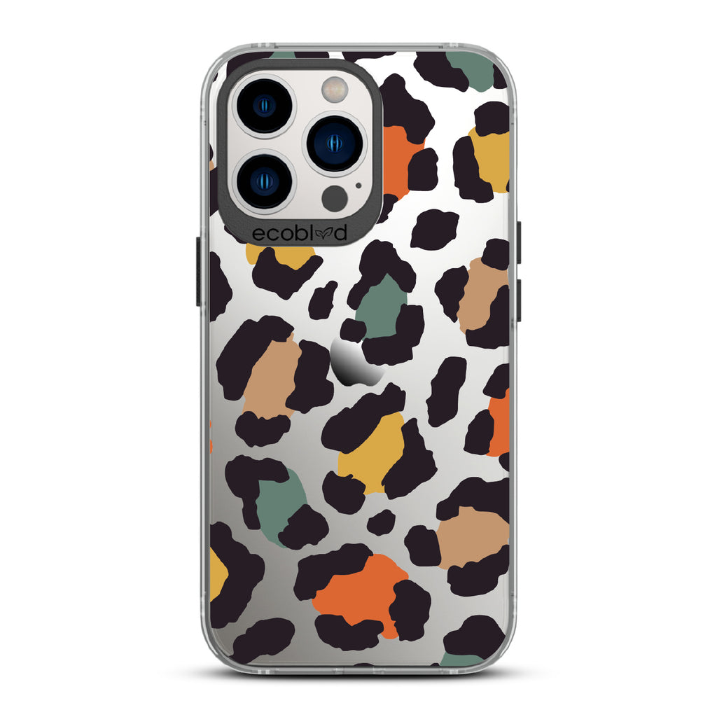 Cheetahlicious - Black Eco-Friendly iPhone 13 Pro Case With Multi-Colored Cheetah Print On A Clear Back